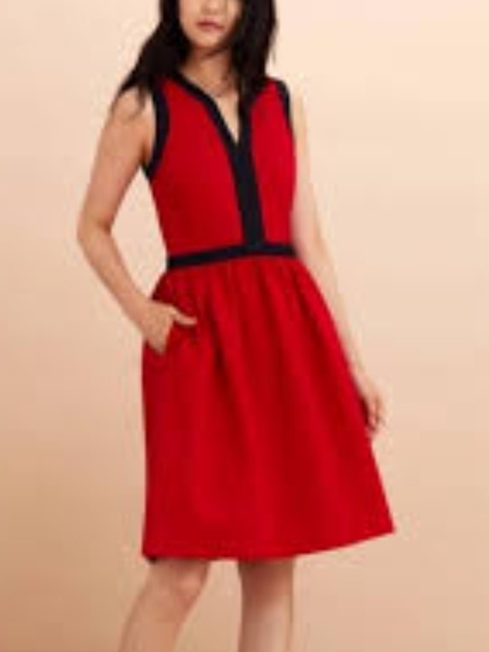 Brooks Brothers Red Sleeveless V-Neck A-Line Dress with Black Trim